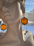 Hammered Amber Hexagon Stained Glass Earrings with Bees
