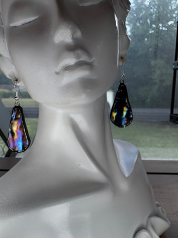Black Oil Slick Wripple Stained Glass 1.5” Dew Drop  Earrings