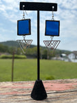 Deep Blue 1.5” Square with Triangle  Charm Stained Glass Earrings