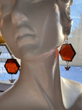 Dark Brown Amber Hexagon Stained Glass Earrings with Bees