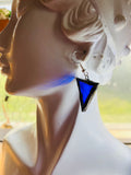 1” Triangle Rippled Cobalt Blue Stained Glass Earrings