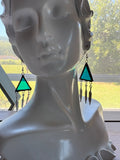 1” Triangle Teal Glass Earrings with Feather Charms