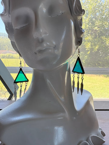 1” Triangle Teal Glass Earrings with Feather Charms