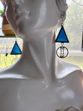 Deep Blue 1” Triangle with Moonphase  Charm Stained Glass Earrings