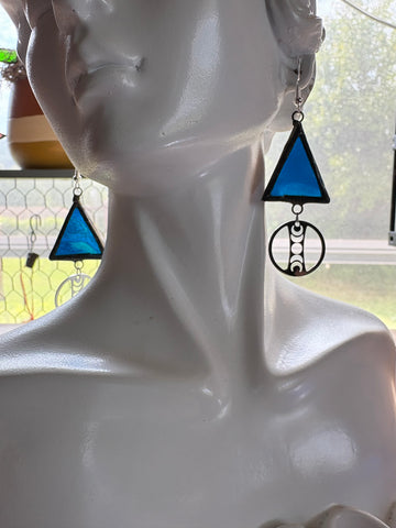 Deep Blue 1” Triangle with Moonphase  Charm Stained Glass Earrings