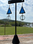 Deep Blue 1” Triangle with Moonphase  Charm Stained Glass Earrings