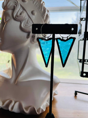 2” Hammered Aqua “Shield” Stained Glass Earrings