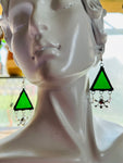 Iridescent Forest Green Stained Glass 1” Triangle with Skull and Crossbone Earrings