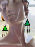 Iridescent Forest Green Stained Glass 1” Triangle with Feathers Earrings