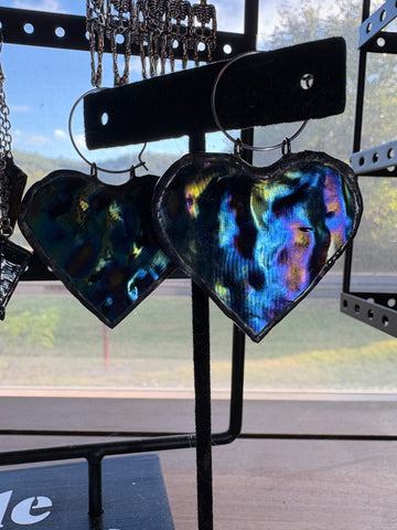 Black Oil Slick Wripple Stained Glass 2” Heart Shield  Earrings
