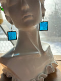1” Thick Square Upcycled Dark Aqua Stained Glass Earrings