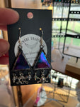 Iridescent Forest Green Stained Glass 1” Triangle with Skull and Crossbone Earrings