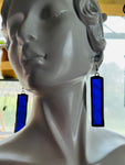 2” Rectangle Rippled Cobalt Blue Stained Glass Earrings