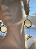 Yellow Amber Hexagon Stained Glass Earrings with Bees