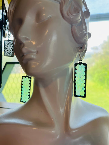 Opalescent Mermaid 1.5” Rectangle Stained Glass Earrings
