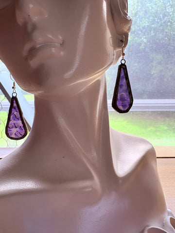 1.5” Dew Drop Hammered Purple Stained Glass Earrings