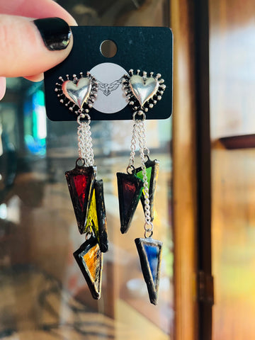 Heart Rainbow 3” Chain Drop Stained Glass Earrings