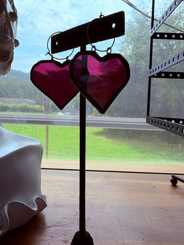 2” Heart Magenta Stained Glass Earrings