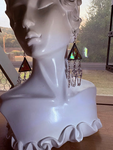 Skeleton 1” Triangle Iridescent Fuchsia Wripple Stained Glass Earrings