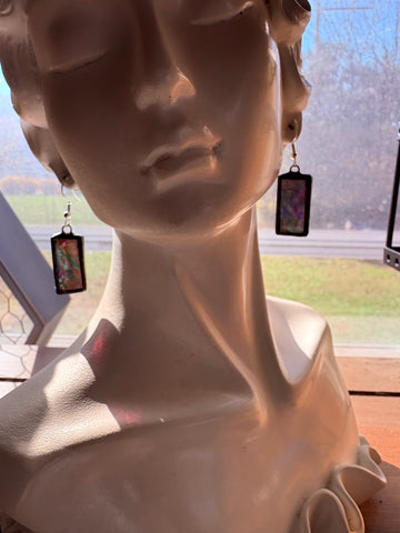 1” Rectangle Iridescent Ripple Fuchsia Stained Glass Earrings