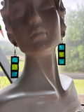 Olive Green and Dark Aqua Color Block Stained Glass 1.5” Rectangle Earrings