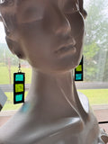 Olive Green and Dark Aqua Color Block Stained Glass 1.5” Rectangle Earrings