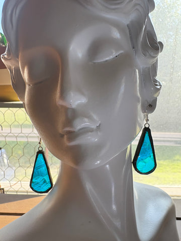 1.5” Dew Drop Upcycled Light Blue Stained Glass Earrings