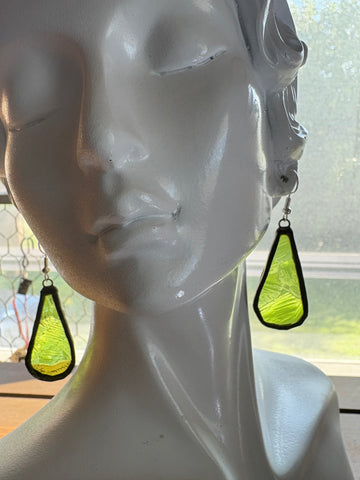 1” Thick Rectangle Upcycled Lime Green Stained Glass Earrings