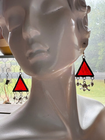 Vermilion Ripple Stained Glass Earrings with Crossbone Skulls