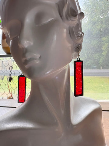 2” Vermilion Ripple Rectangle Stained Glass Earrings