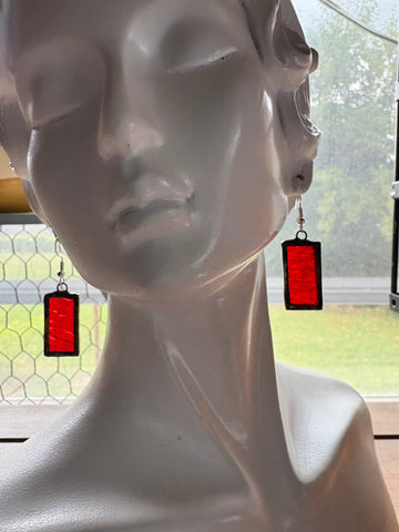 1” Vermilion Ripple Rectangle Stained Glass Earrings