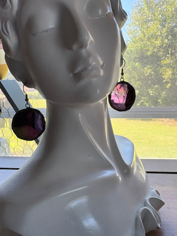 Reflective Black Stained Glass 1.25” Circle  Earrings