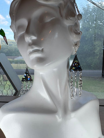 Skeleton 1” Triangle Black Oil Slick Wripple Stained Glass Earrings