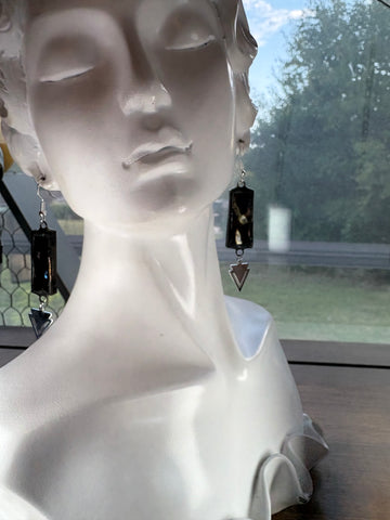 Black Oil Slick Wripple Stained Glass 1”  Rectangle with charm  Earrings