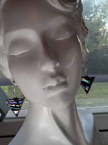 Black Oil Slick Wripple Stained Glass 1” Triangle  Earrings