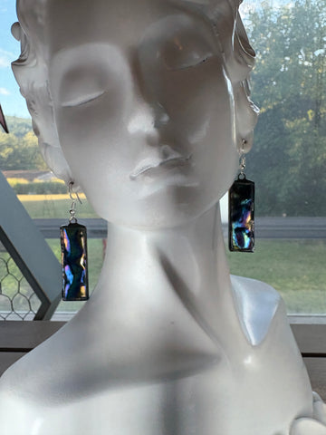 Black Oil Slick Wripple Stained Glass 1.5” Rectangle Earrings