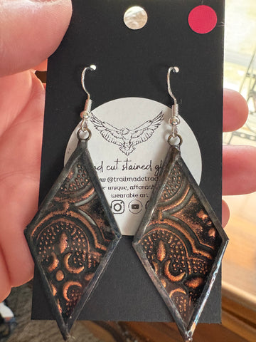 2” Rhombus Orange Van Gogh Stained Glass Earrings