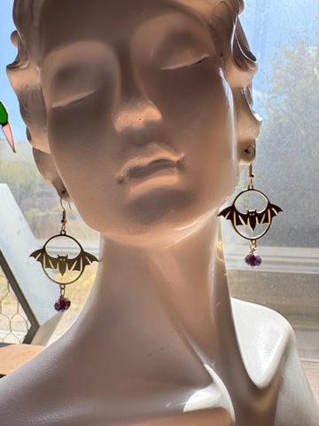 Brass Bats with Purple Glass Bead Earrings