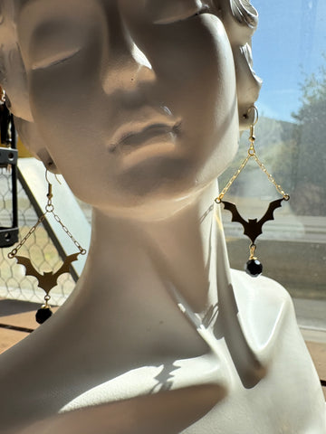 Brass Bats with Black Glass Bead Earrings