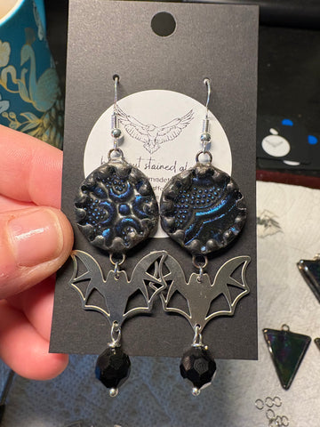 Blue Van Gogh Stained Glass Earrings with Bats