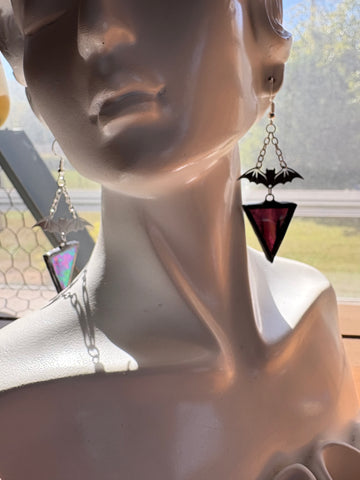 Magenta Ripple Texture Stained Glass Earrings with Bats