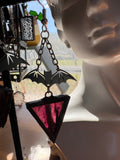 Magenta Ripple Texture Stained Glass Earrings with Bats