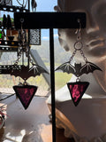 Magenta Ripple Texture Stained Glass Earrings with Bats