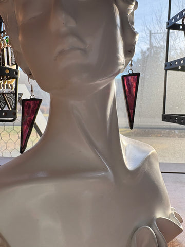 1.5” Scalene Triangle Iridescent Ripple Fuchsia Stained Glass Earrings