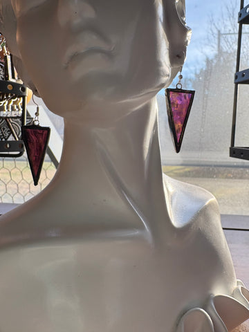 1.5” Isosceles Triangle Iridescent Ripple Fuchsia Stained Glass Earrings