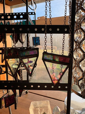 1.25”  Triangle Iridescent Ripple Fuchsia Stained Glass Earring and Necklace Set