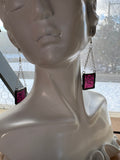 Textured Magenta Hanging Square Stained Glass Earrings