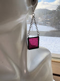 Textured Magenta Hanging Square Stained Glass Earrings